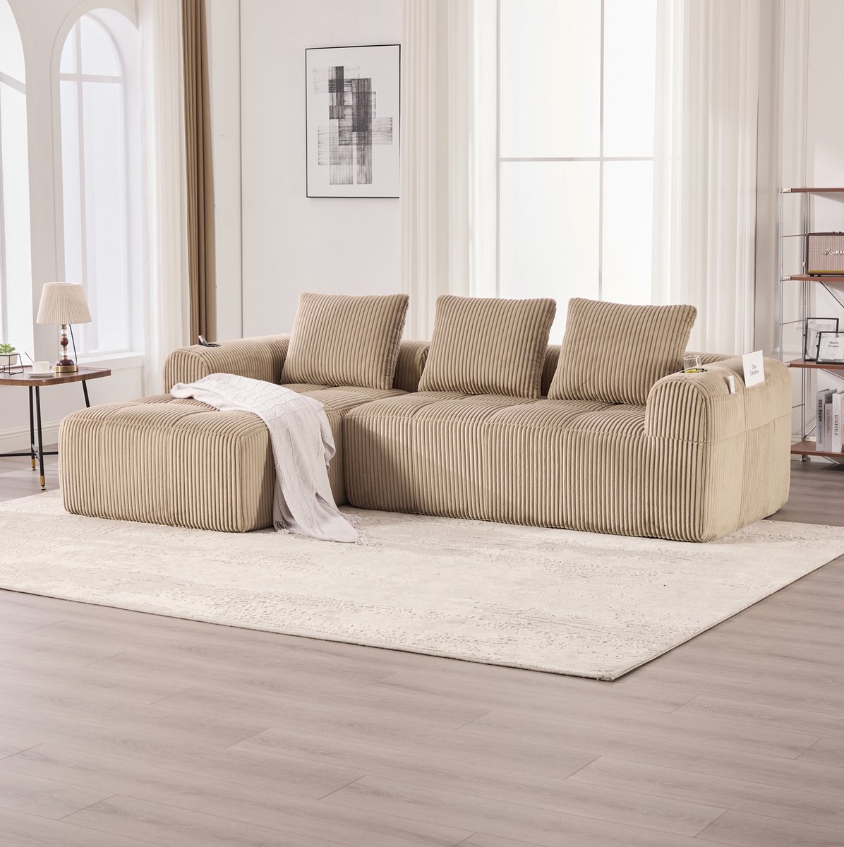 DESMIU Hoekbank 253 x 158 x 61 Cm - Modulair Compact Sofa Met Zijvakken En Bekerhouders -