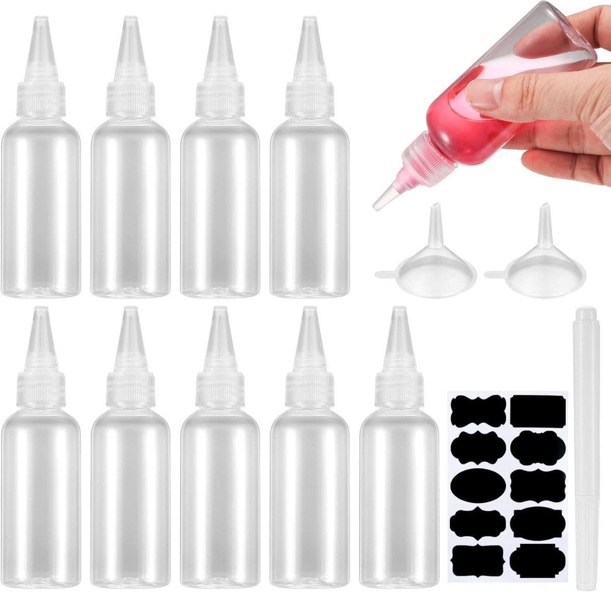 Knijpflessen Set - Kunststof - 5 stuks van 100 ml en 5 stuks van 60 ml - Inclusief trechter en etiketten - Voor Keuken en Creatieve Toepassingen