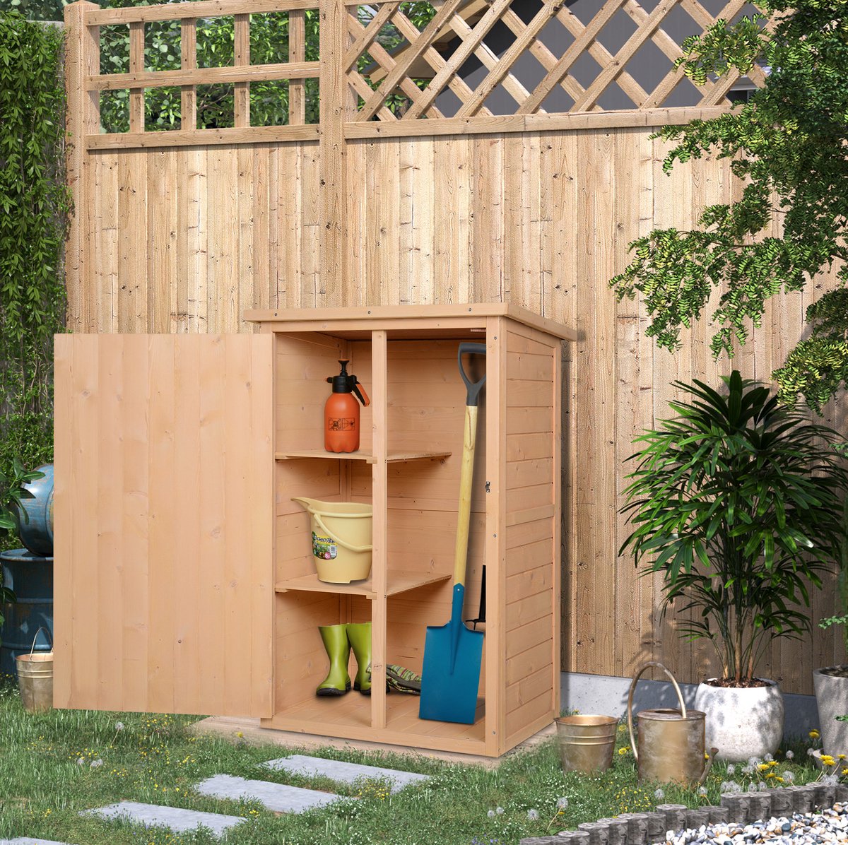 MEUNIQ tuinschuur van hout 75 x 56 x 115 cm met 2 binnenplanken en afsluitbare deur, compacte opbergkast voor tuingereedschap in tuin of op terras, naturel
