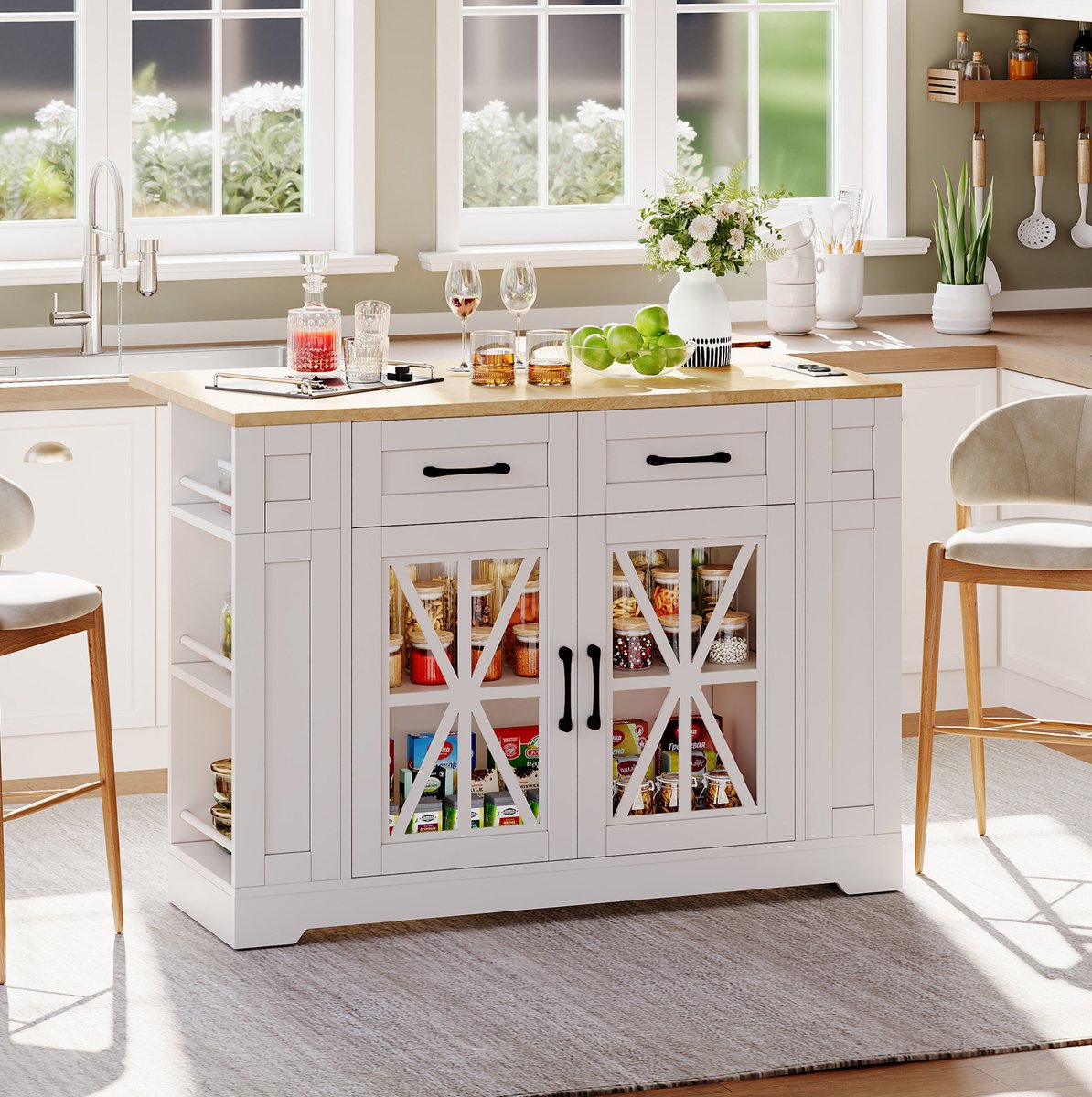 MEUNIQ keukeneilandwagen 120 x 40/65 x 92 cm met opklapbare tafel, 2 glasdeuren, lade, 6 open vakken, 2 AC + 2 USB, wieltjes met rem voor keuken en eetkamer