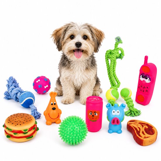Een kleine hond zit temidden van negen kleurrijke hondenspeeltjes op een witte achtergrond. Van links naar rechts: hamburger, touw met bal, oranje figuur, bal met botjes, groene bal, roze blikje, blauw varken, groen touw met tennisballen, steak, roze telefoon.