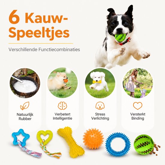 Collage van honden die kauwspeeltjes gebruiken; illustraties van rubber, brein en stressverlichting.