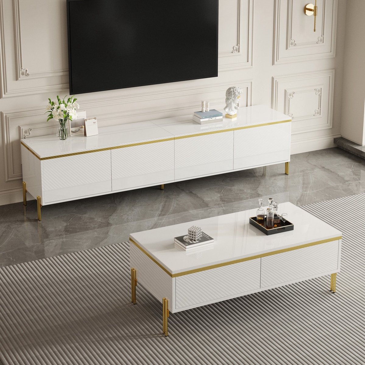 MEUNIQ tv-meubel en salontafel set wit 170 x 38 x 50 cm + 100 x 50 x 36 cm met hoogglans a