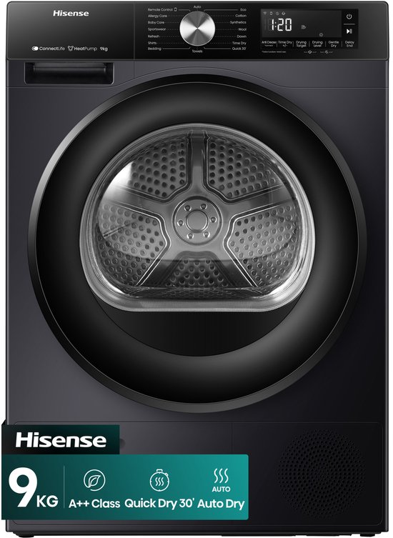 Hisense DH3S902BBCC - Condensdroger - 9 kg - Vrijstaand - Voorbelading - Warmtepomp - Zwart - Draaiknop - TouchControl - 63 dB(A) - Ion Refresh - Allergy Care - Auto Dry