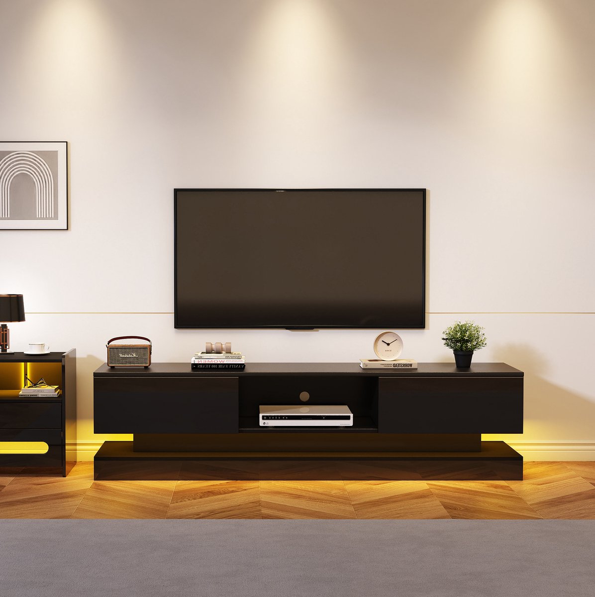 MEUNIQ TV-meubel 160 x 35 x 40,5 cm met LED-verlichting, 2 lades, kabelmanagement en anti-kantelbeveiliging, hoogglans zwart voor woonkamer
