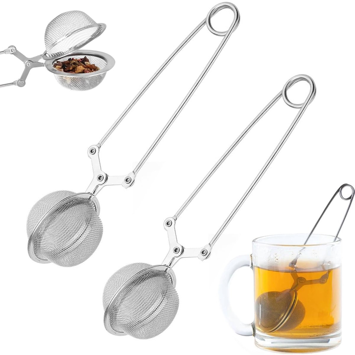 Dailygoods - MOLIMOLI Theetang 2 Stuks, Thee-ei Roestvrij Staal, Theezeef Bolvorm voor Losse Thee, Thee-ei met Druksysteem, Theebollen Thee-ei (4,5x16cm)