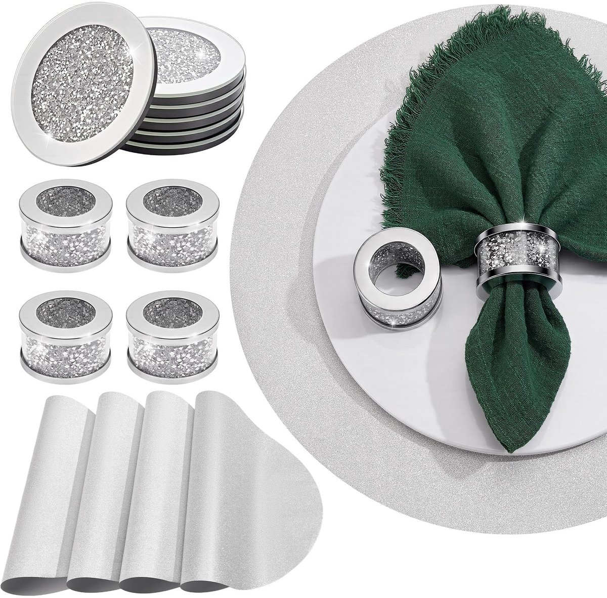 Dailygoods - 18 Stuks Zilveren Servetringen en Glazen Placemat Set - Bruiloft Eettafel Decoratie