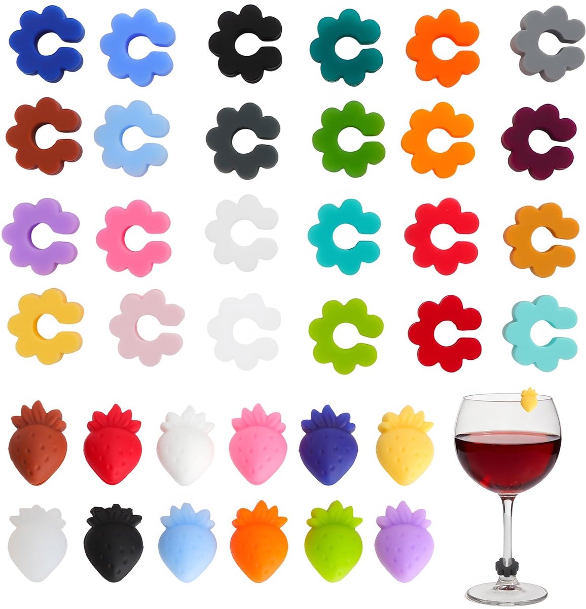 Dailygoods - 36 stuks glasmarkeerders, siliconen, glasmarkering, drinkglazen, glasmarkeerders voor gebruik in wijnglazen, waterglazen en cocktailglazen