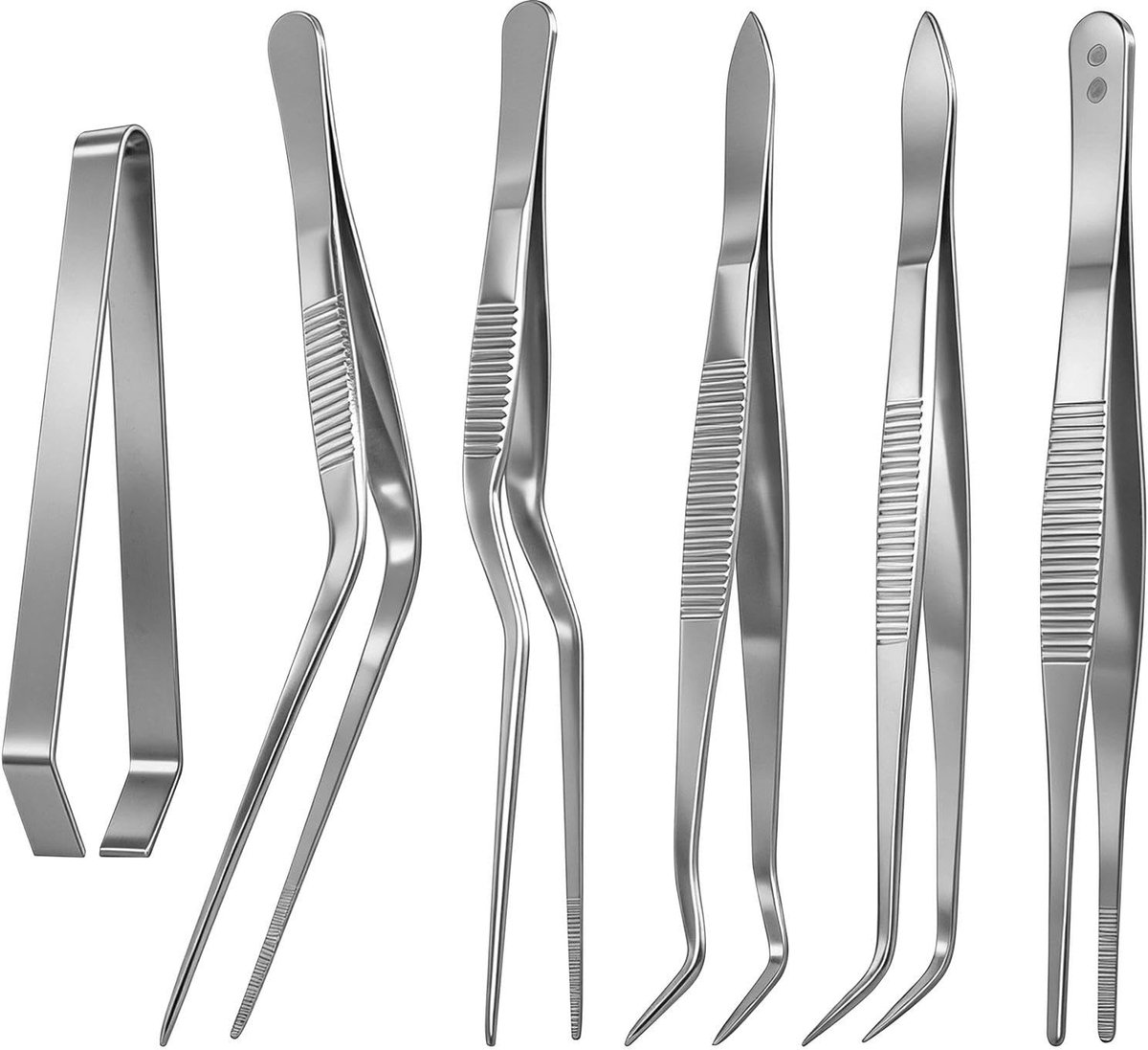 Dailygoods - 6 stuks kooktang, roestvrij staal, keukenpincet, grattang voor vis, grillpincet, visgraatpincet, kooktang, professioneel keukengereedschap, gebogen voor het decoreren van gerechten, koken, bakken