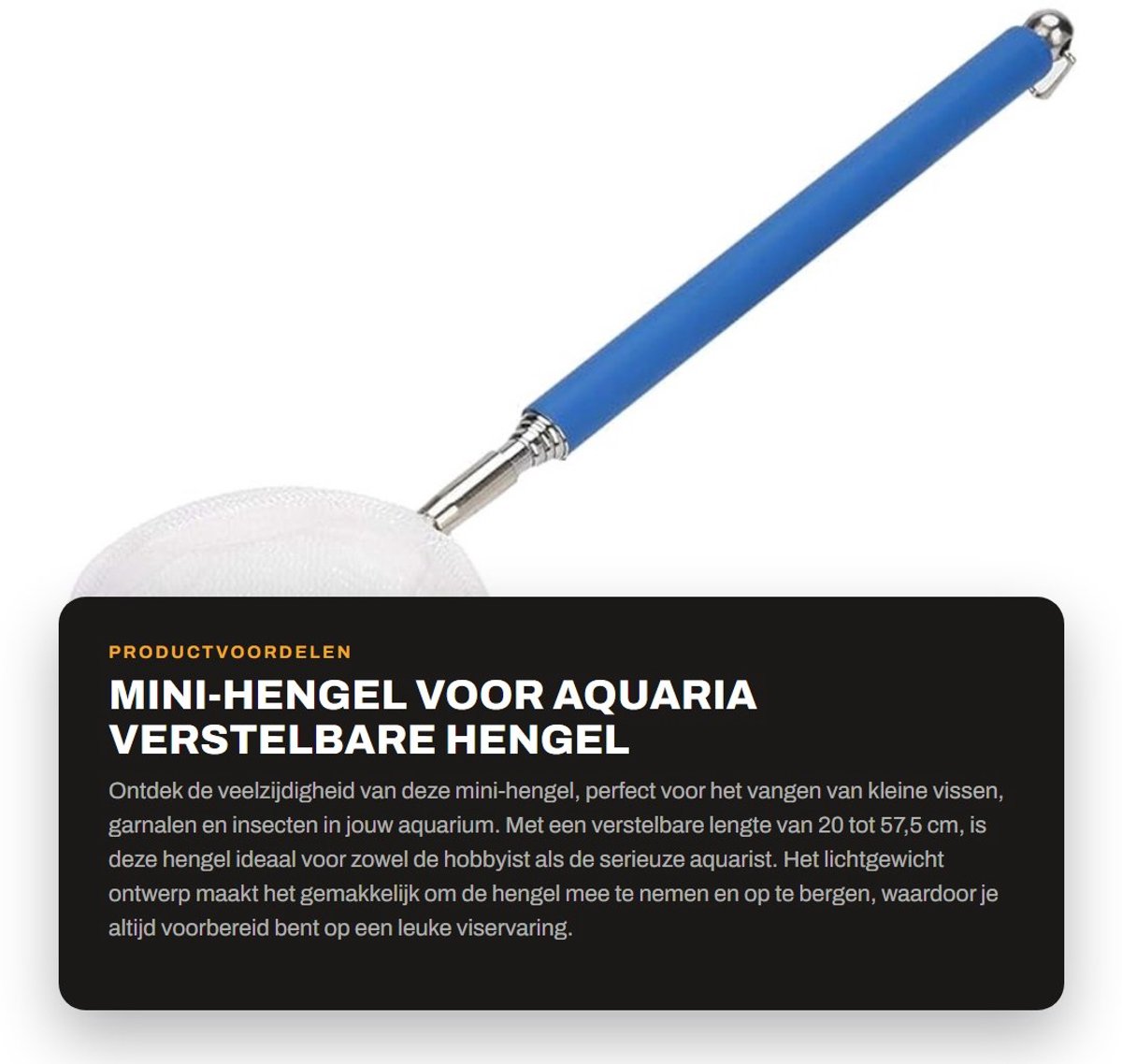 Dailygoods- Hengel Verstelbaar 20-57,5 cm - Lichtgewicht - Draagbaar - Aquariumaccessoire - Vissen/Garnalen Vangen - Roestvrij Staal - Visnet