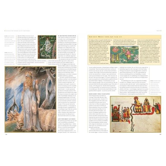 Pagina's met Bijbelse illustraties, waaronder een schildering van twee figuren en scènes met schapen.