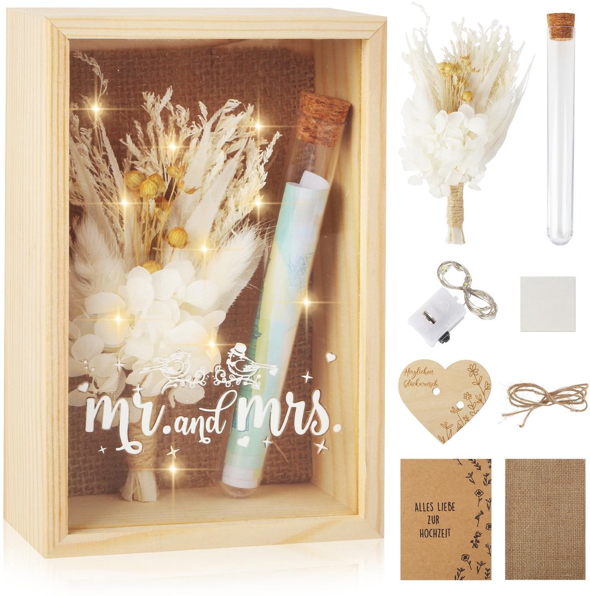 Dailygoods- Huwelijkscadeau - Houten Kist - Gedroogde Bloemen - Feeënlichten - Proefslangen - Kaarten - 1 Stuks - Cadeau