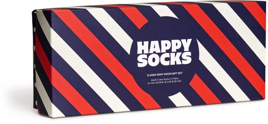 Happy Socks geschenkdoos met rode, witte en marineblauwe diagonale strepen.