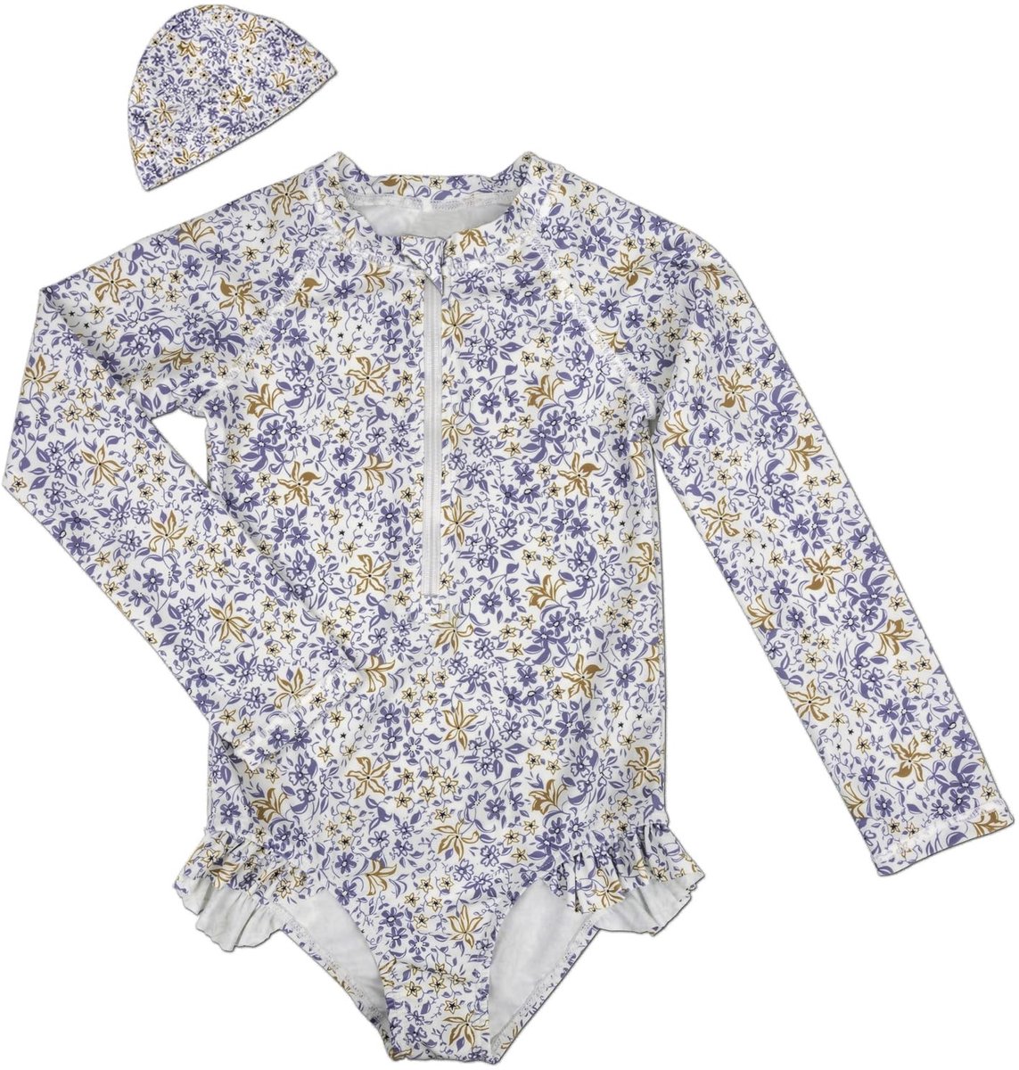 Dailygoods- Badpak Meisjes Lange Mouwen - UV-Bescherming 50+ - Eendelig Zwempak - Rits - Ruches/Bloemenpatroon - Inclusief Zwemmuts