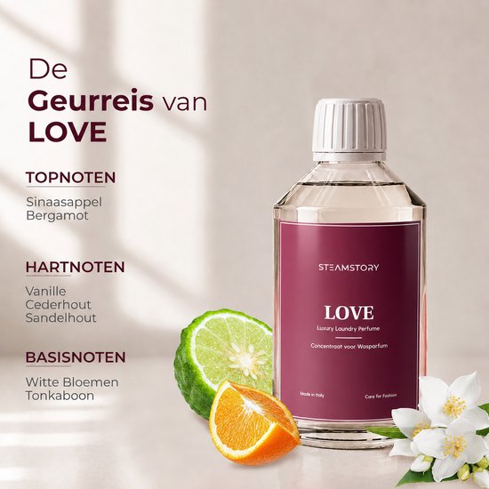 Fles Steamstory Wasparfum Love met sinaasappel, bergamot en witte bloemen. Noten: sinaasappel, bergamot, vanille, cederhout, sandelhout, witte bloemen, tonkaboon.