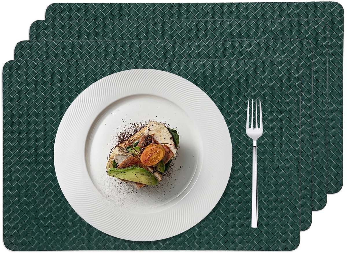 Dailygoods - HaruYo Set van 4 vierkante placemats van PU-leer, dubbelzijdig en wasbaar, hittebestendige anti-kras tafelmatten, waterdichte zachte flexibele placemats voor eettafel, modern servies, groen