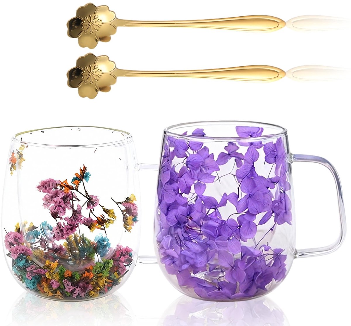 Dailygoods - Dubbelwandige Glazen Mok Set van 2 met Gedroogde Bloemen - 350 ml