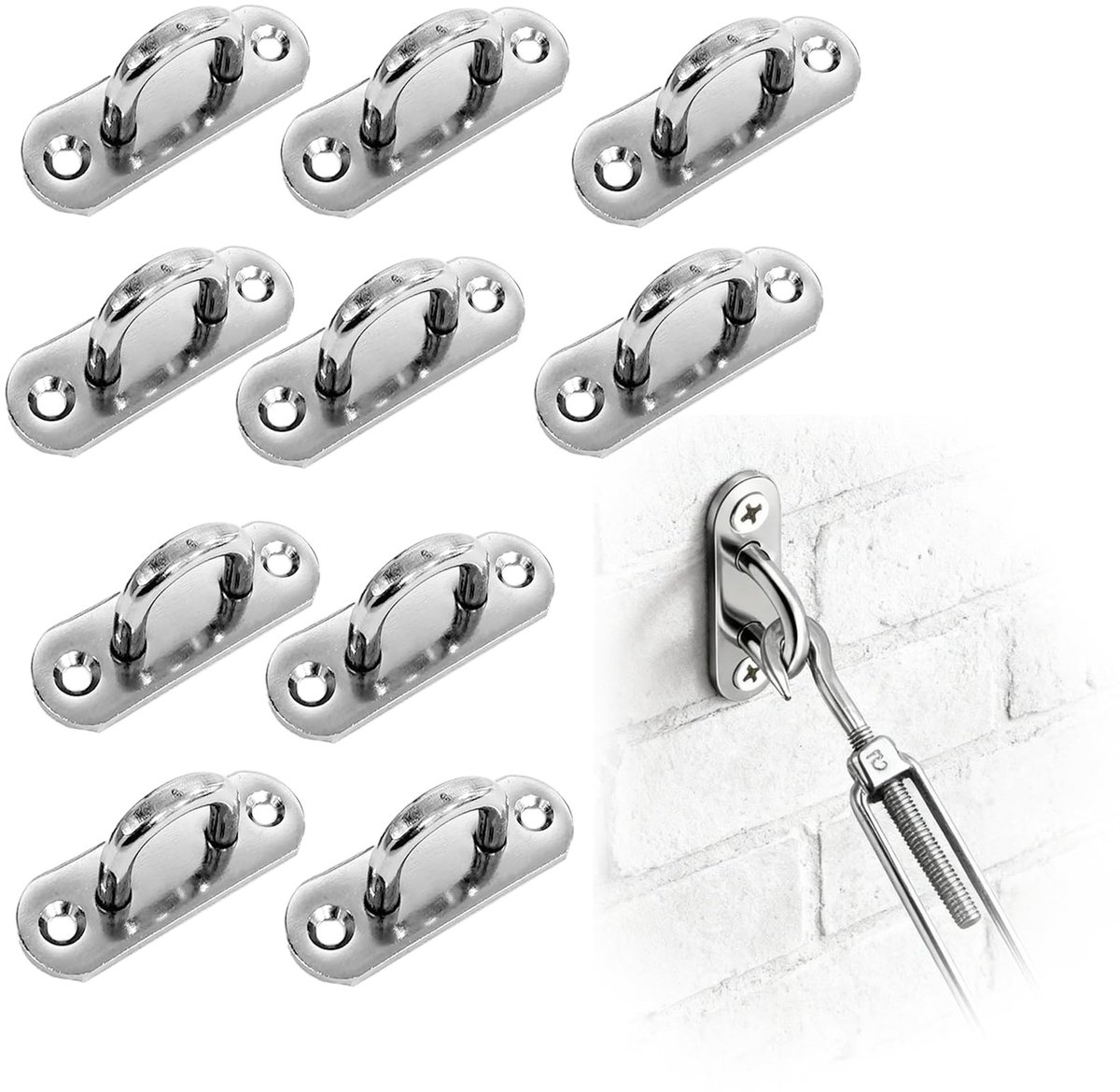 Dailygoods- Oogplaat 10 Stuks - Roestvrij Staal - Zware Belasting - Bevestigingshaken - Corrosiebestendig - Voor Binnen/Buiten Gebruik - Bevestigingshaak