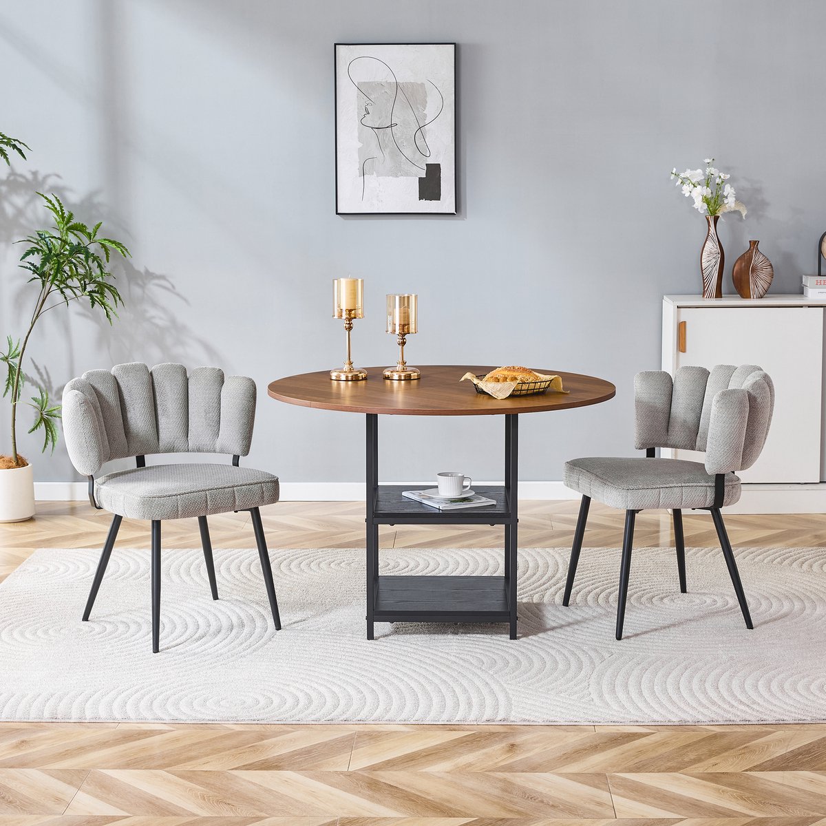 FloraGrace Ronde Eettafelset 107 cm - 2 Stoelen met Dubbele Opberglagen - Voor Kleine Ruimtes - Walnootlook en Stof - Lichtgrijs Lichtgrijs, Walnoot En Zwart