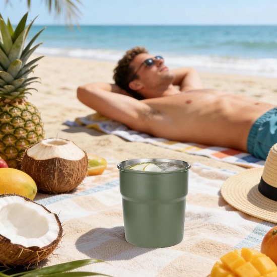 Camping Koffiekopjes - Stapelbare Mok - Reizen en Buiten - Voedselveilig Roestvrij Staal - 8 cm Doorsnee - Leger Groen — afbeelding 2