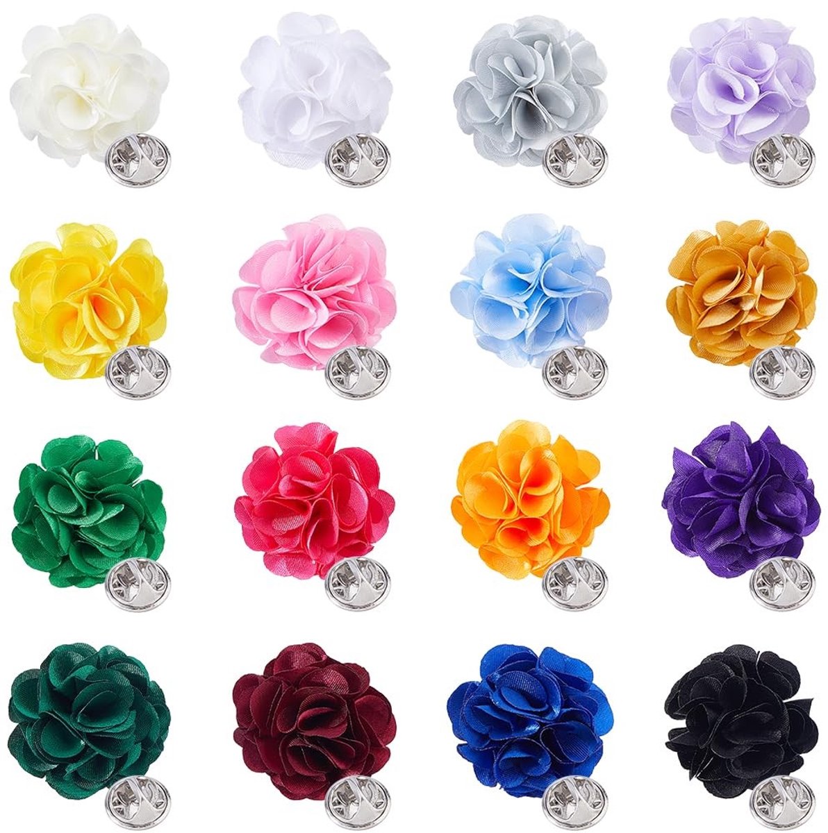 Dailygoods- Bloemenbroche 16 Stuks - Handgemaakte Satijnen Bloem - Boutonnière - Reversspeld - Formele Kledingaccessoires - Diverse Kleuren