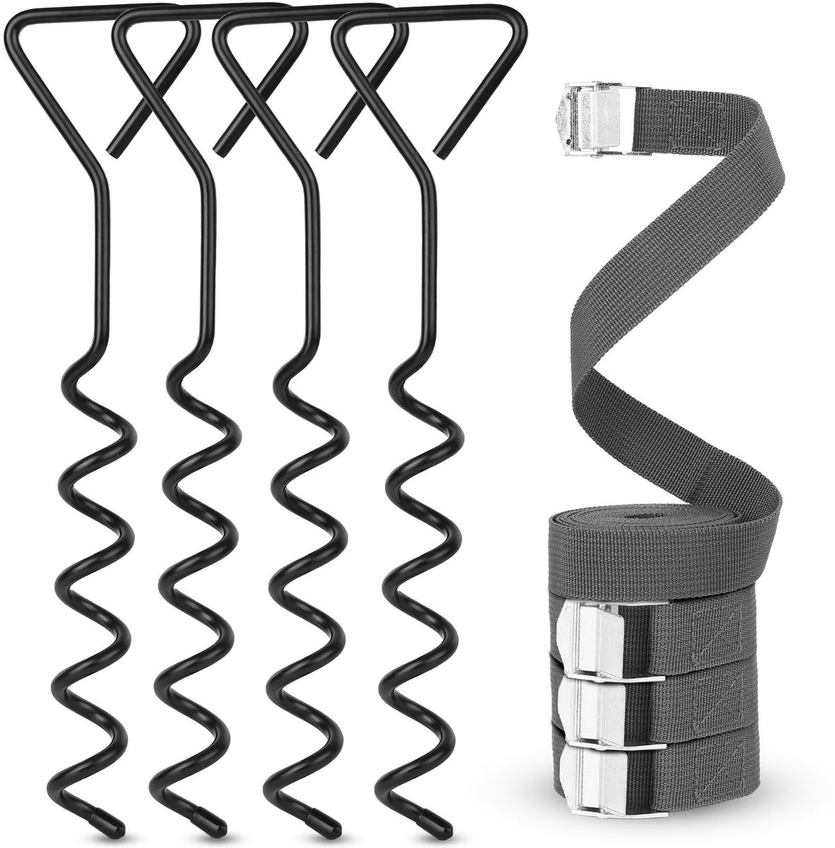 Dailygoods - 4 stuks Trampoline anker kit, 14,6 inch zware trampoline stakes grond haringen, trampoline tent anker stakes kit, spiraalvormige tuinharingen voor trampolines schommel schuur grond ankers, + 4 Tie