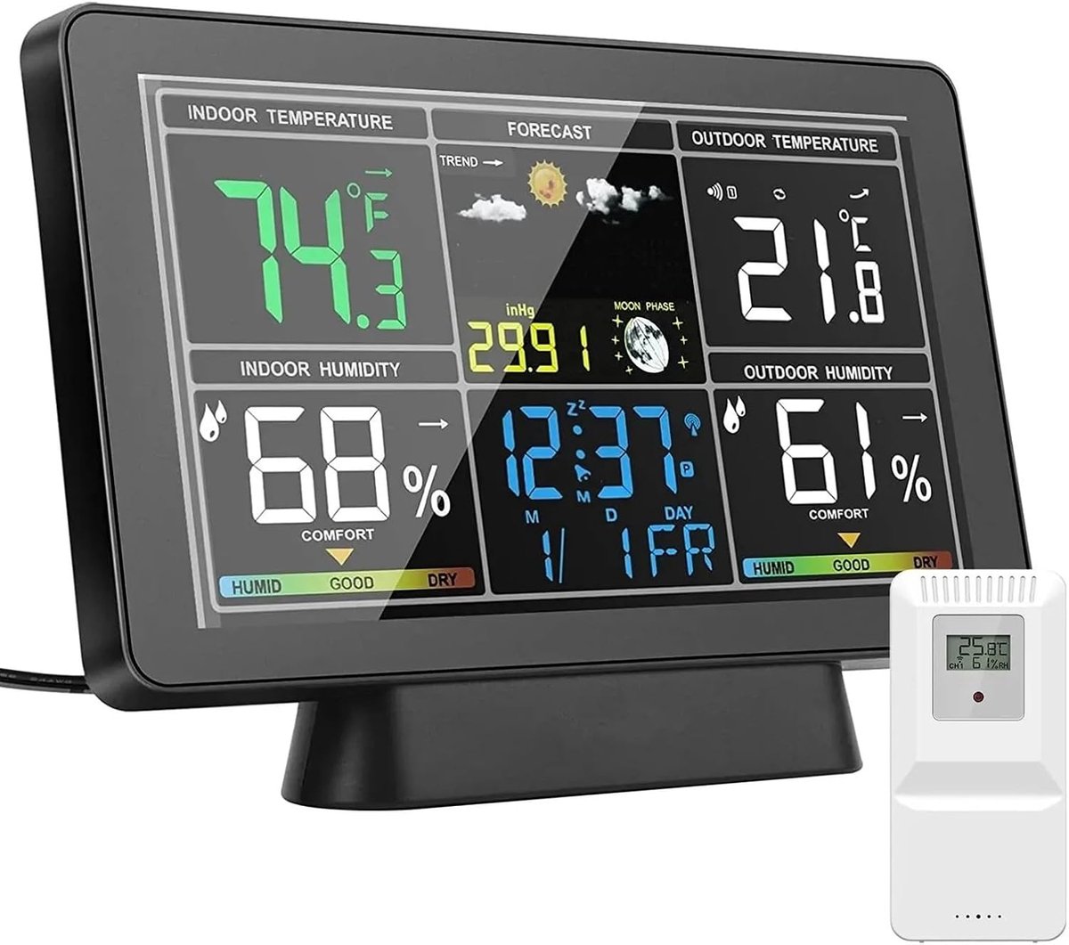Weerstation Hout - Digitale Klok - Klimaat Monitoren - Draadloze Sensor - 18.8 x 4.3 x 9 cm - Houtkleur