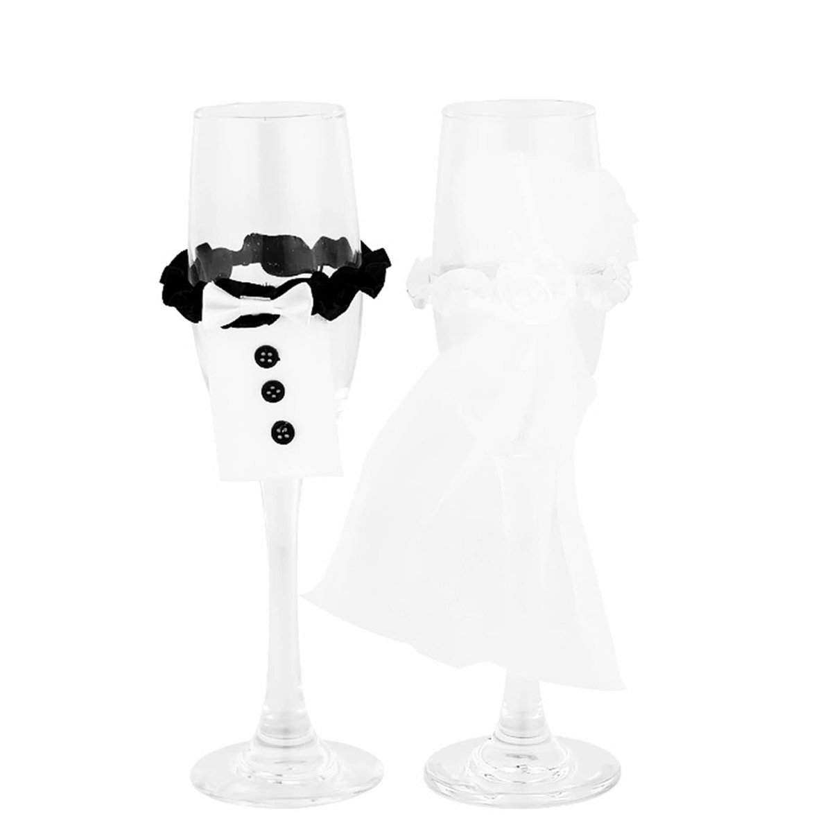 Dailygoods- Champagneglas Decoratie Bruid/Bruidegom - Wasbaar/Tule - Elastische Strik - Bruiloft/Jubileum - Cocktailglazen - Creatieve Ornamenten - Bekerdecoratie
