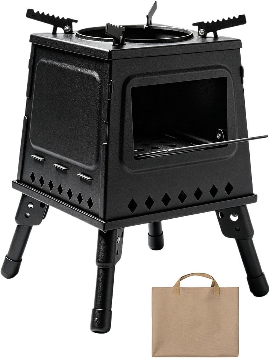 Draagbare Houtkachel - Buitenverwarmer Brander - Kamperen Grillen Barbecueën - Snelle Houtverbranding - 22x22x14 cm - Zwart
