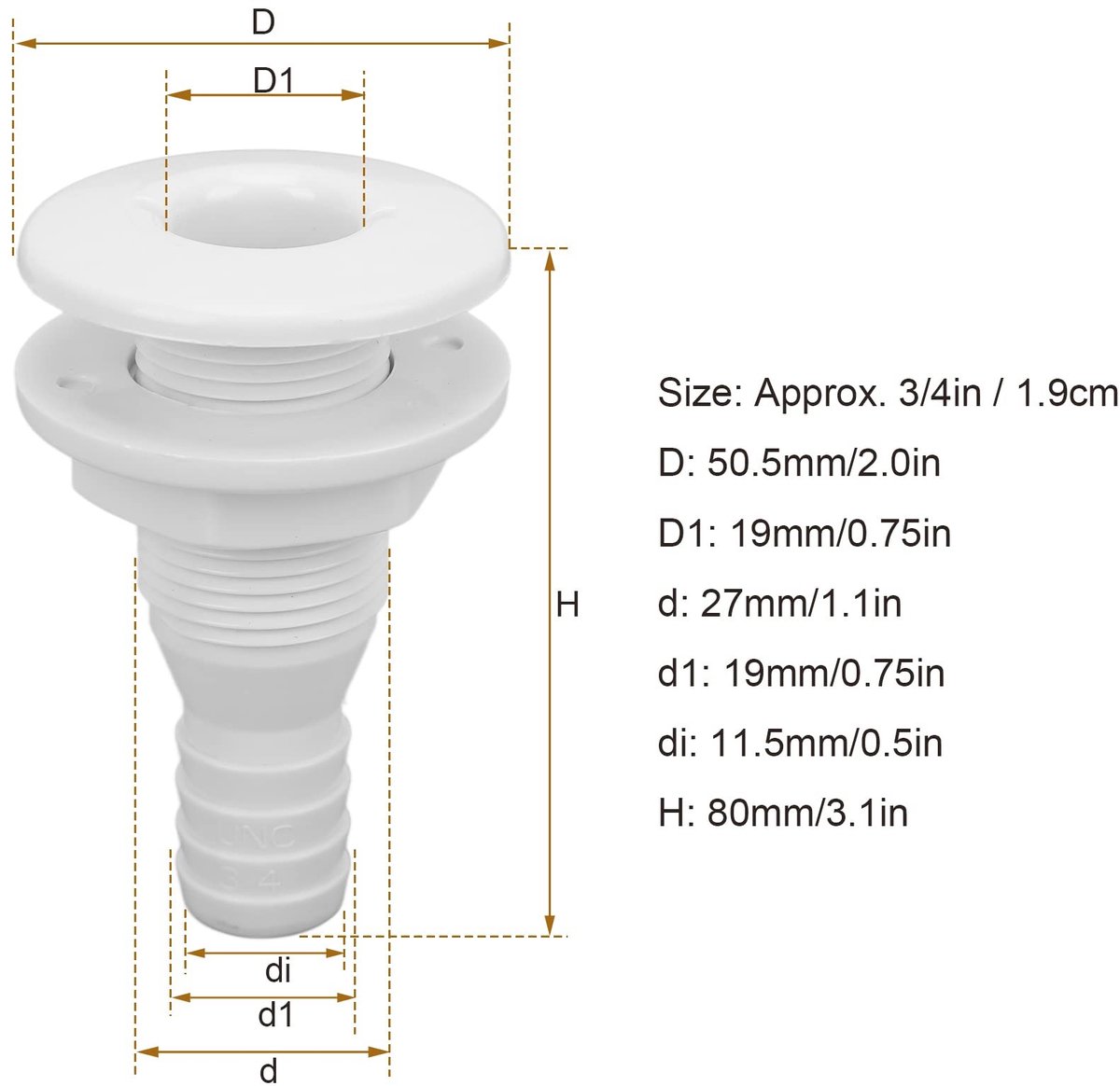 Dailygoods- Slangkoppeling 3/4 inch - Door Rompconnector - ABS Kunststof - Bootafvoerfitting - Eenvoudig te installeren - Hoge prestaties - Bootfitting