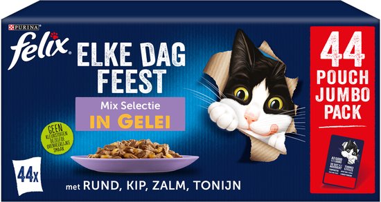 Felix Elka Dag Feest 44 pouch jumbo pack met rund, kip, zalm, tonijn in gelei.