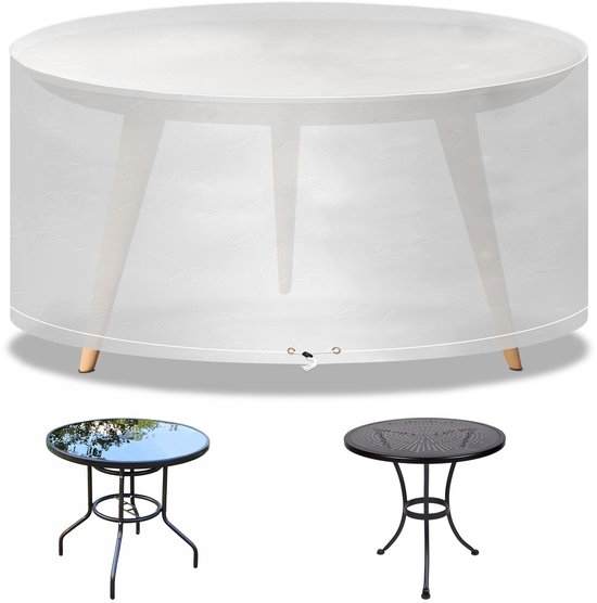 Transparant, rond afdekzeil met trekkoord, geschikt voor verschillende modellen ronde tuintafels.