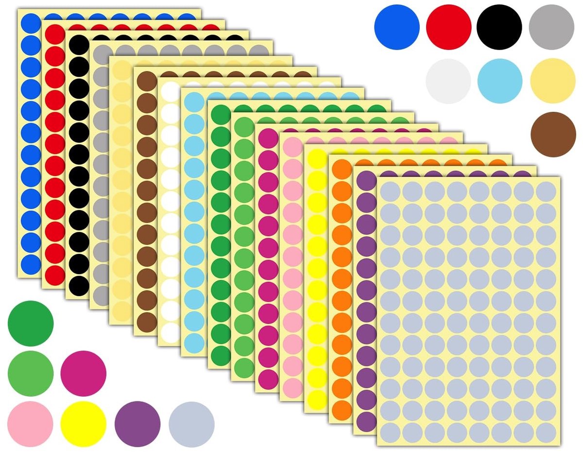 Dailygoods- Puntstickers 1536 Stuks - Ronde Stickers - Zelfklevend - 16 Kleuren - Decoratie/Markering - Hoogwaardig Materiaal - Etiketten
