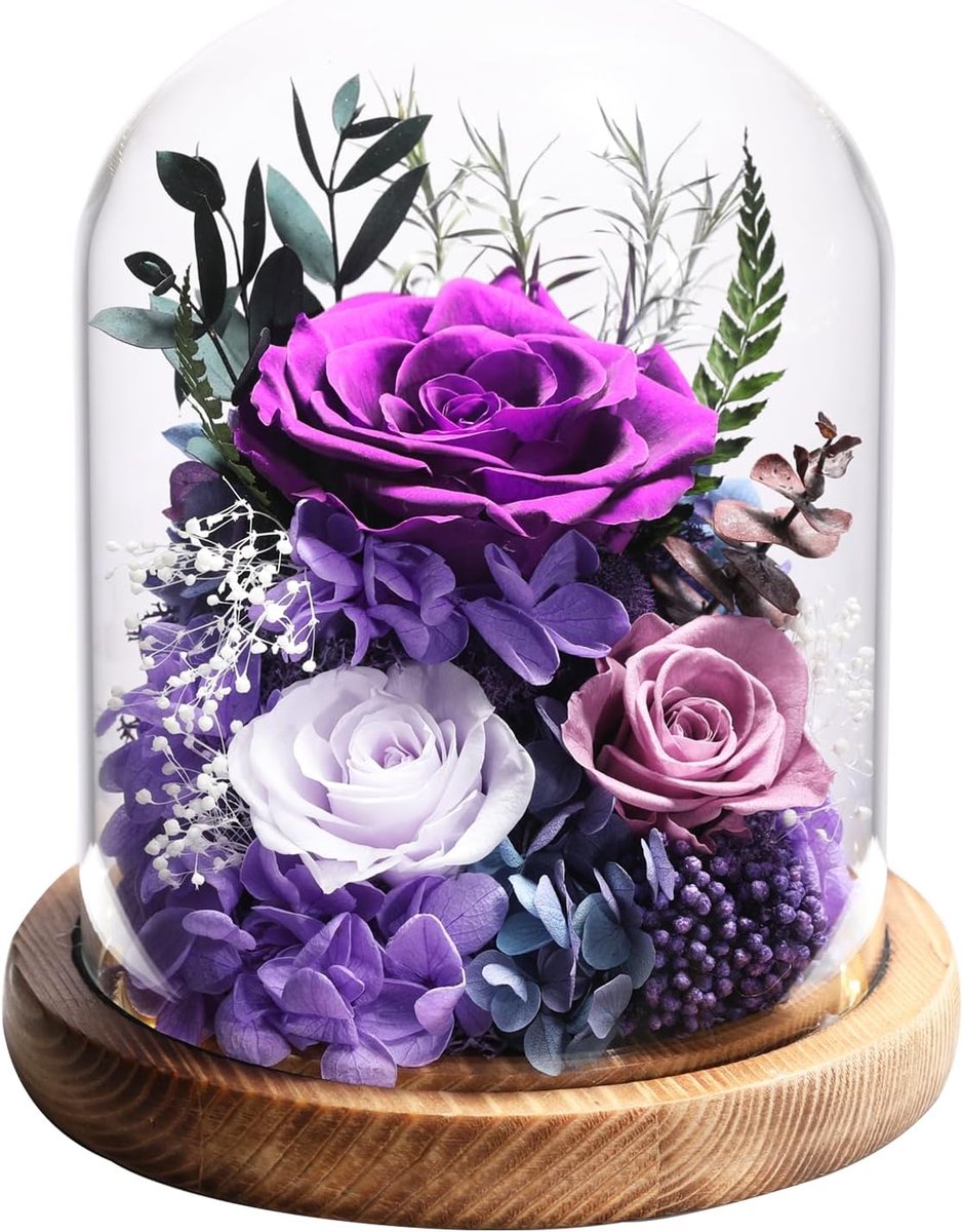 Eeuwige Roos Glas - Gepreserveerde Bloem - Romantisch Cadeau - Handgemaakt Natuurlijk - 17 cm Hoog - Paars Roze