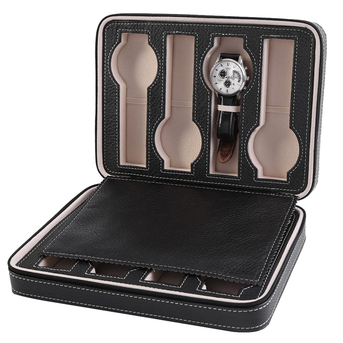 Dailygoods- Horloge Opbergdoos Modieus Ontwerp - 8 Slot Houder - Draagbare Organizer - Lederen Rits - Lichtgewicht - Bevestigingsbanden