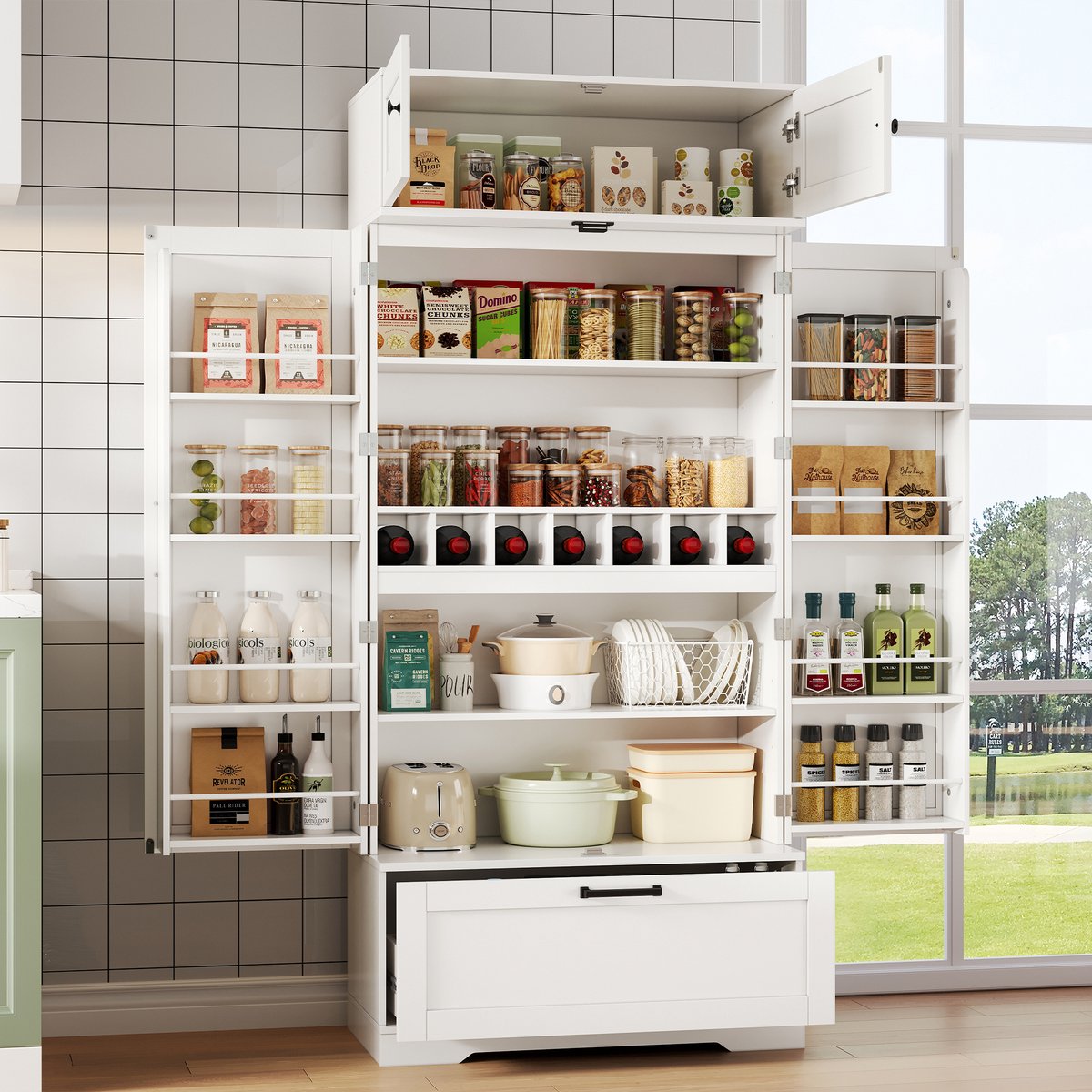 Keukenopbergkast 80x40x180 cm - met verstelbare planken - lades - wijnrek en deur met plankjes - industrieel stijl
