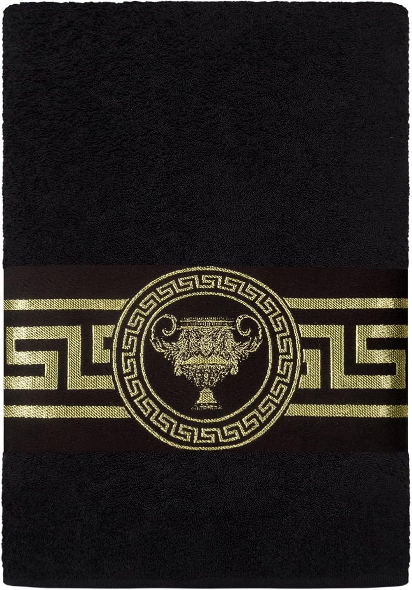 Luxe badhanddoeken - Zachte badstof - Badkamer en wellness - Goud geborduurde amfore - 150 x 100 cm - Zwart