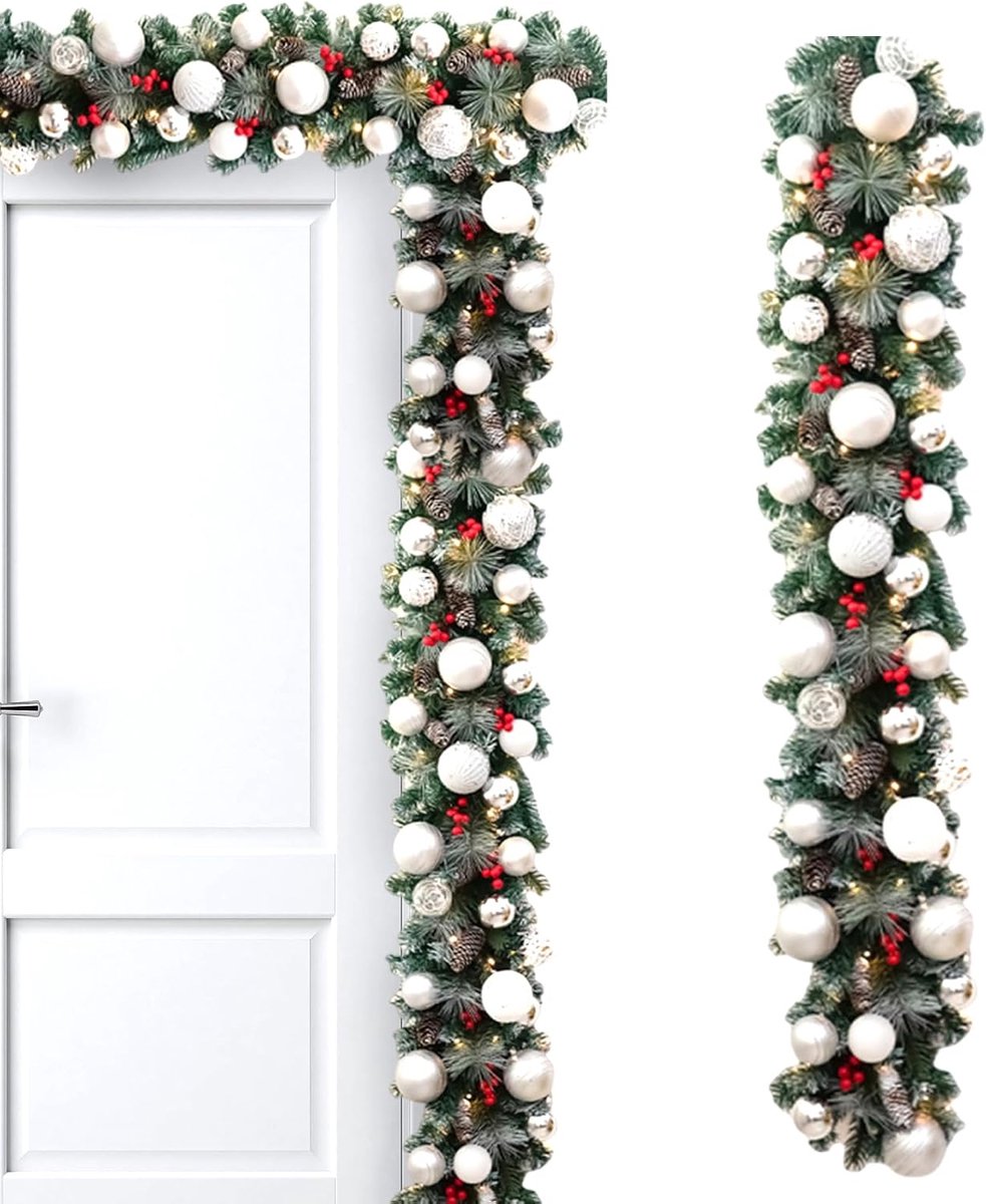 Kerstguirlande Met Verlichting - Kunstmatige Slinger - Feestelijke Decoratie - Automatische Timer - 135 cm - Zilver