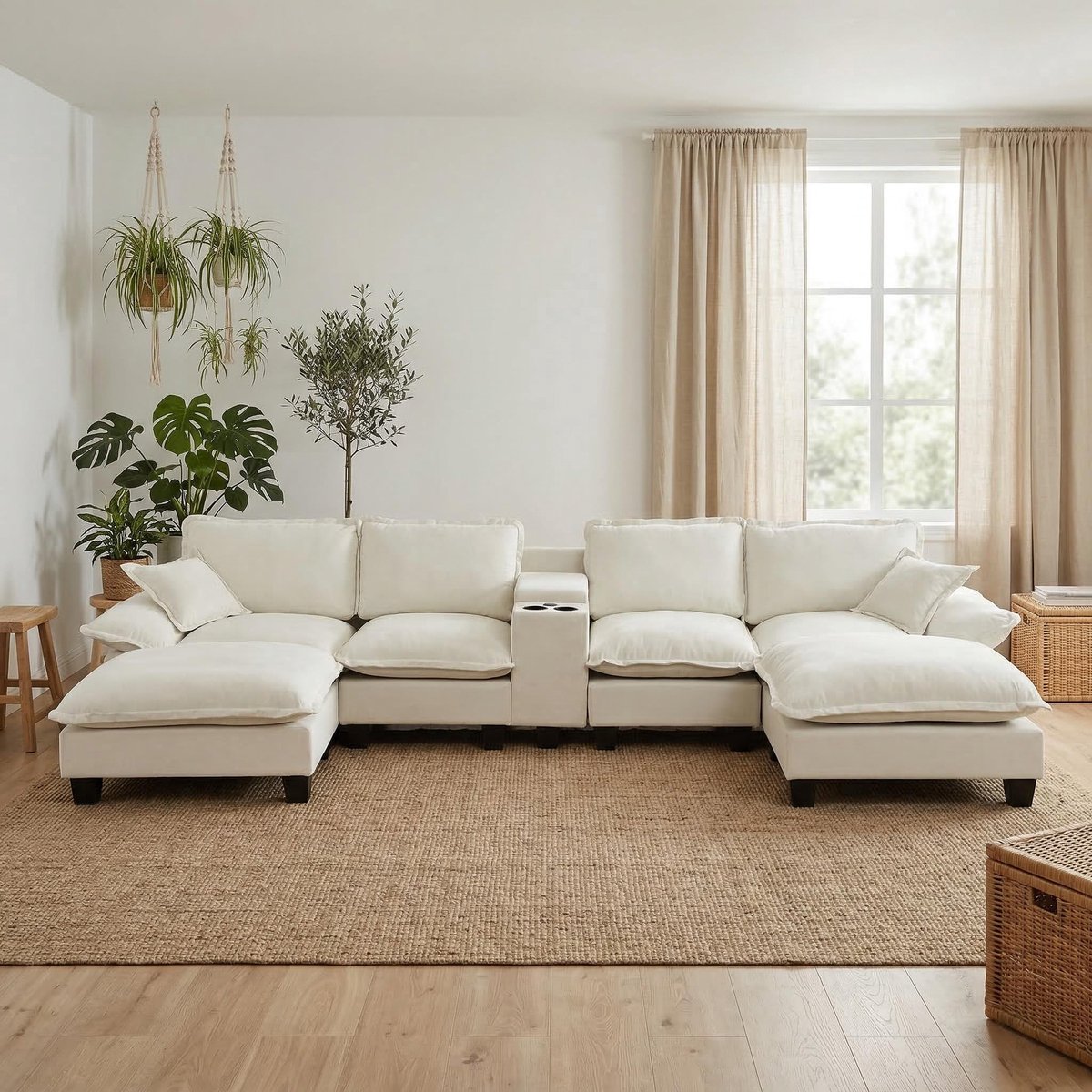 MIVRAY U-Bank 362 x 151 x 90 cm - Modulaire Zitbank met Opbergruimte, USB en Bekerhouders - Woonkamer - Chenille Beige