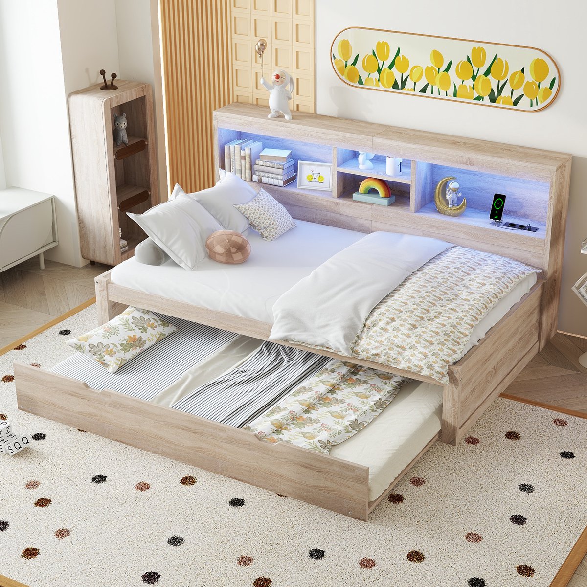 MEUNIQ slaapbank 90x200 cm met uitschuifbed 90x190, LED-verlichting, opbergruimte, stopcontact en USB, zonder matras, voor slaapkamer of kinderkamer, naturel