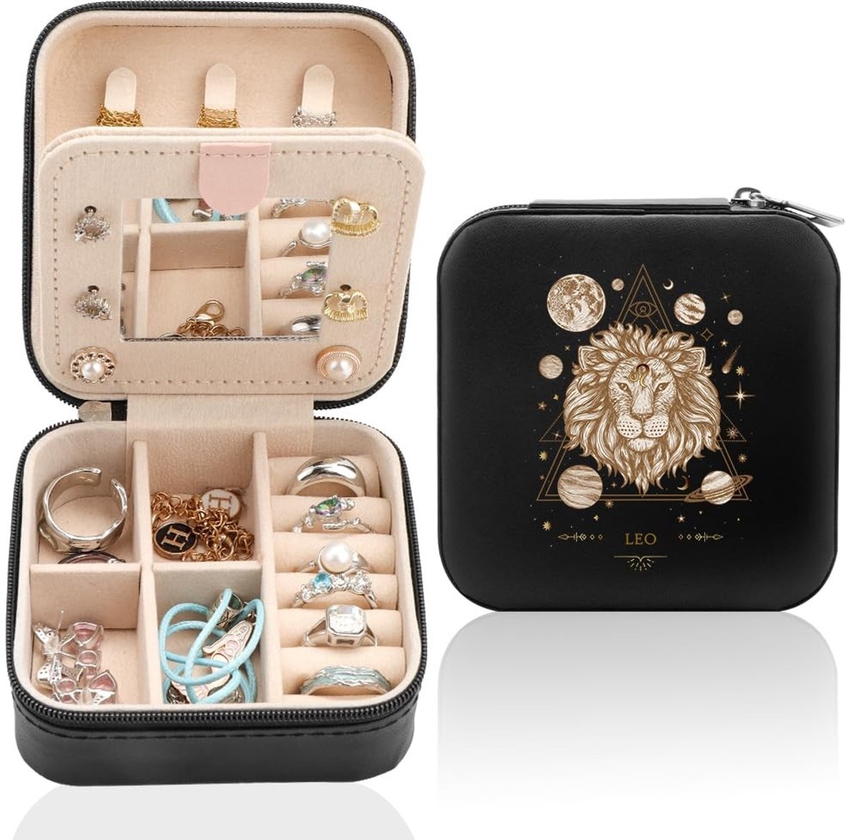 Dailygoods - Gepersonaliseerde Reis-Sieradendoos met Spiegel, Compacte Sieradendoos met Sterrenbeeld, Draagbare Sieraden Organizer, Ideaal Cadeau voor Verjaardag, Valentijnsdag en Moederdag (Leo)