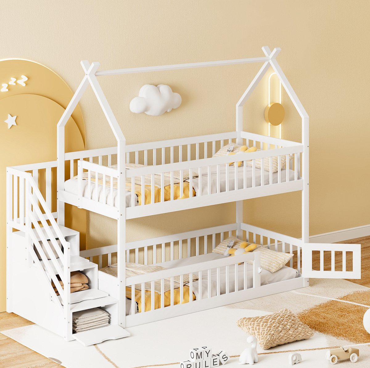 MEUNIQ Kinder stapelbed 90x200 cm met huisdak, veiligheidstrap en opberglades, houten bedframe voor kinderkamer, onderste slaap- of speelzone, wit