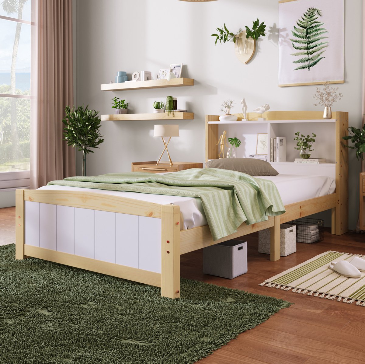 MEUNIQ eenpersoons bedframe 90x200 cm met opbergend hoofdbord, lattenbodem en bedrand, houten bed voor kinderkamer of slaapkamer, wit en naturel, zonder matras