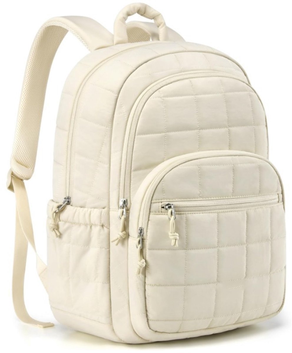 YAGXIG College-laptoprugzak - damesreisrugzak - gewatteerde casual rugzak, waterdichte schooltas, vanillekleur, damesrugzak