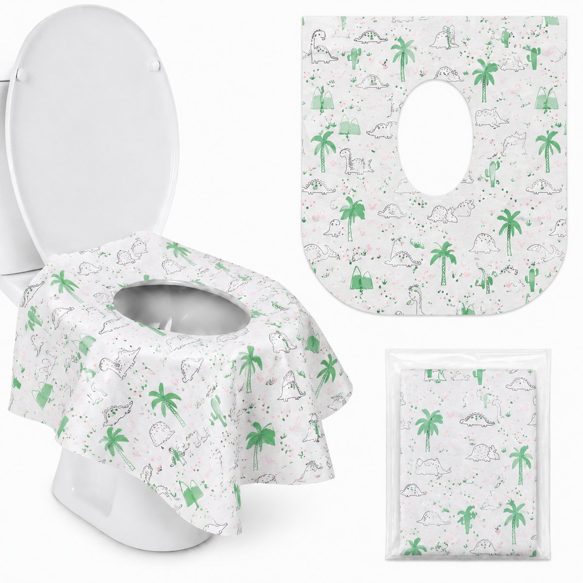 YYCHAN Toilet Seat Cover Papier - 100% Recycled Hygiënisch Papier - Doorspoelbaar - WC-Bril Bescherming - Geschikt Voor Op Vakantie Of Reis-Groene Dinosaurus -12 Stucks