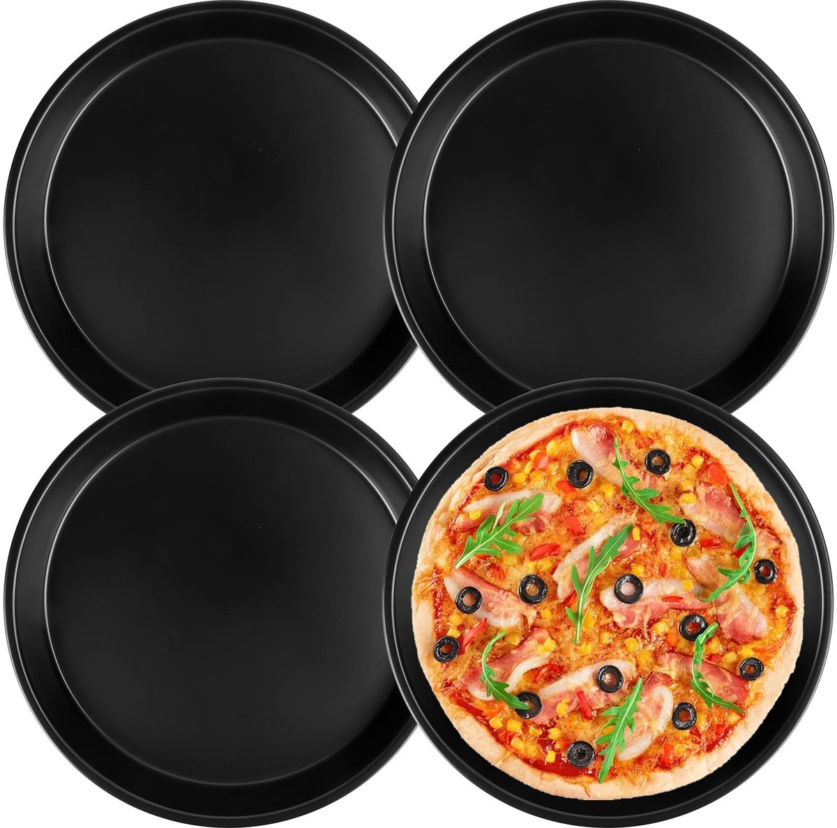 Dailygoods- Pizzaplaat - 4-delige set - Ronde pizzaplaat Ø 20 cm - Quiche bakvorm - Antiaanbaklaag - Gecoat koolstofstaal - Gelijkmatige warmteverdeling - Bakplaat