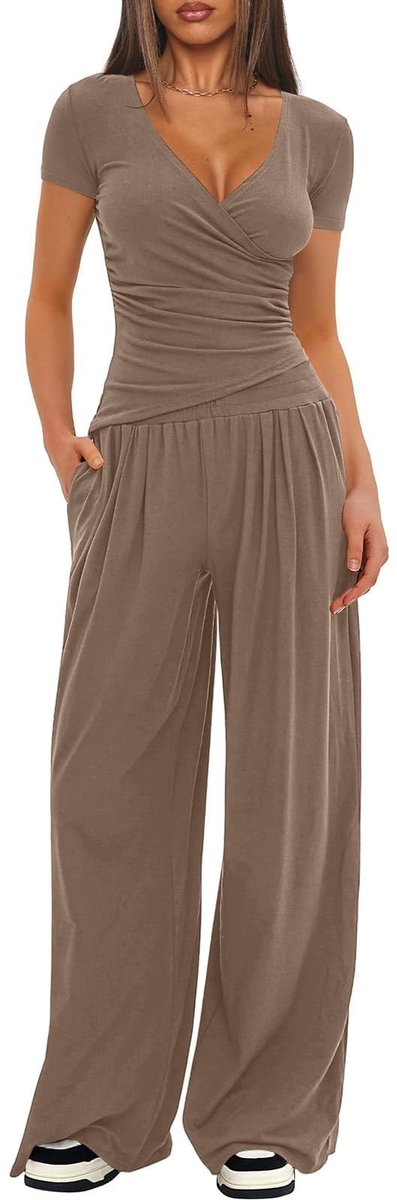 Dailygoods- Trainingspak Dames Elegante Tweedelige Set - Korte Mouwen - Wijde Broek - V-hals - Ademend Stretchmateriaal - Hoge Taille met Zakken - Loungewear