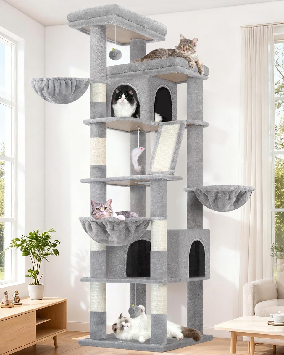Dailygoods- Kattenboom Luxe XXL 204 cm - 2 Extragrote Gevoerde Platforms 50x30 cm - 2 Grote Kattenhuizen - 3 Mandjes - Stabiele Krabpaal voor 3-5 Katten - Kattenmeubel