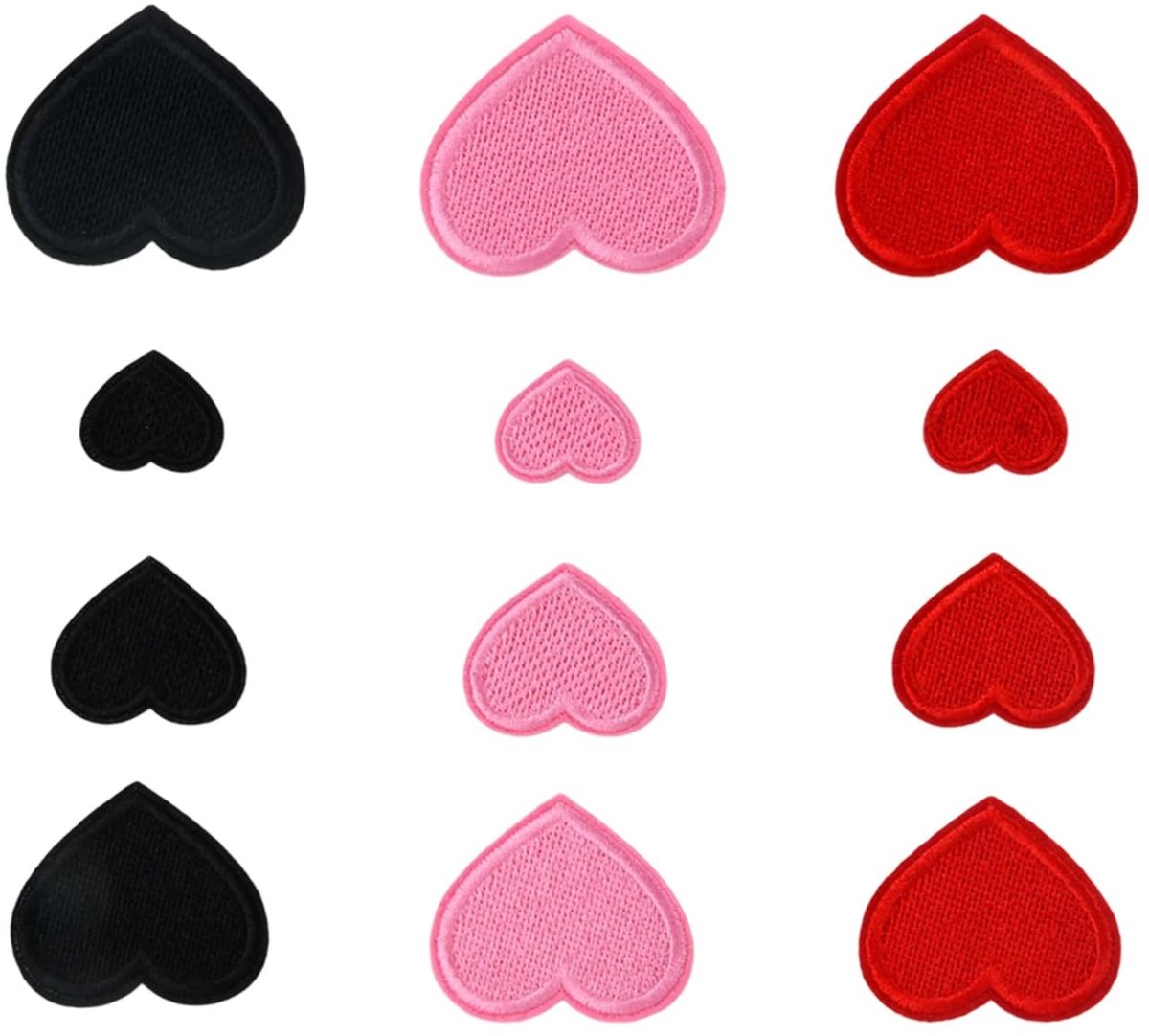 Dailygoods- Strijkpatches Hartvormig - 12 Stuks - Geborduurd - Polyester - Rood/Zwart/Roze - Maten XS/L/M/S - Applicatiepatches