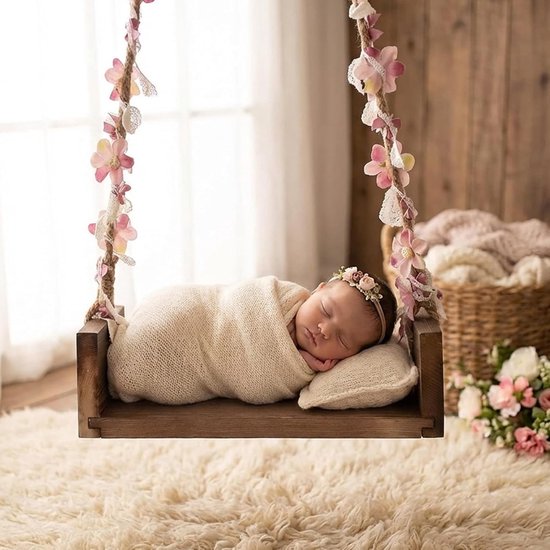 Baby Schommel - Houten Stoel - Foto Prop - Met Bloem Touw - 32 cm - Donkerrood — afbeelding 4